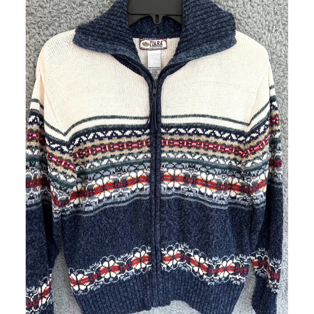 Vintage Tiara International Fair Isle Zip Cardigan Womens M Blue Rust